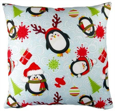 17 inch Christmas Penguins Indoor Holiday Throw Pillow Black Blue Green Red Animal Modern Contemporary One