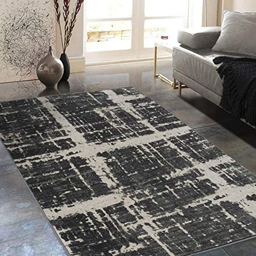 Rugs Distressed Charcoal Grey Black Rectangular Accent Area Rug Ivory Abstract Design 4' 11