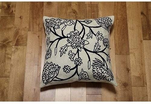 Handmade Decorative Throw Pillow Cover (India) Blue Ivory Floral Traditional Cotton Wool One Embroidered Removable