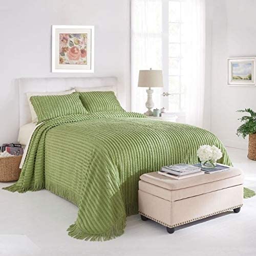 Channel Chenille Bedspread Full Sage Green Textured Shabby Chic Cotton 1 Piece