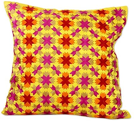 Handmade Stars Polyester Rayon Embroidery Embroidered Cushion Covers Pair (India) Color Yellow Abstract Modern Contemporary