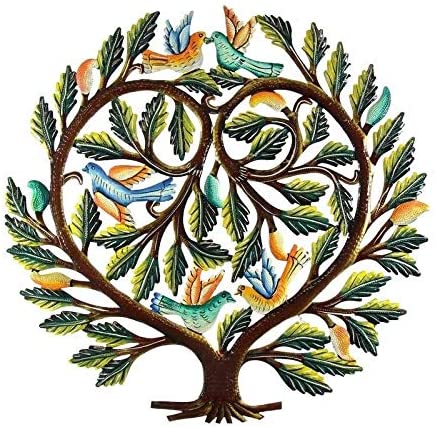 Handmade 24 inch Painted Tree Life Heart Metal Wall Art (Haiti) Color Bohemian Eclectic Cabin Lodge Hand Steel - Diamond Home USA