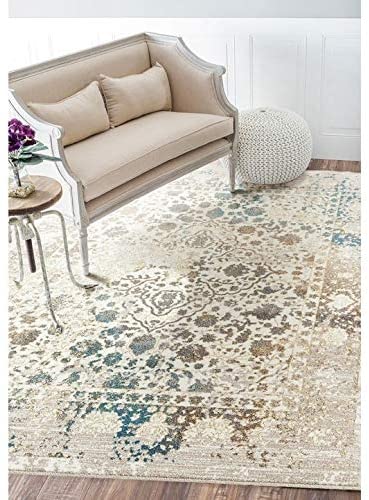 Distressed Cream 8 X 10 Area Rug Carpet 7'10" 10'6" Blue