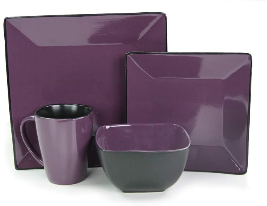 Premium Stoneware Dinnerware Set (Service 4) Black Purple Geometric Solid Casual Modern Contemporary Traditional Square 16 Piece - Diamond Home USA