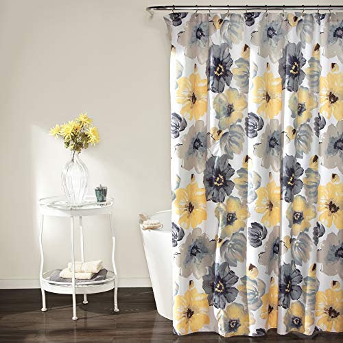 Botanical Shower Curtain Yellow Grey Floral Pattern