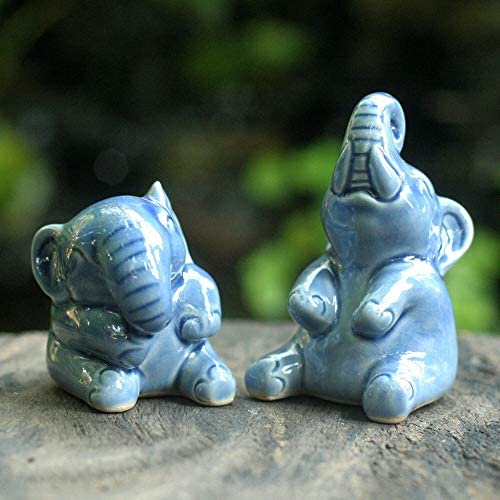 Handmade Happy Elephants Blue Celadon Artisan Animal Figurine (Set 2) (Thailand) Ceramic - Diamond Home USA