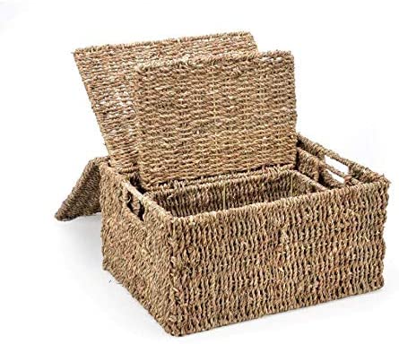 MISC Set 3 Rectangular Seagrass Baskets Lids Beige