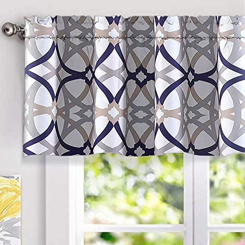 Spiral Geo Trellis Pattern Window Curtain Valance Rod Pocket Pair 52" Width X 18" Length Grey Navy Mid Century Modern Contemporary Polyester - Diamond Home USA