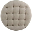 Light Tan Tufted Large Round Storage Ottoman Solid Transitional Fabric Foam Wood Walnut Finish