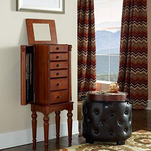 Jewelry Armoire N/ Brown Modern Contemporary Traditional Wood Cherry Finish Hidden Storage Mirror Included - Diamond Home USA