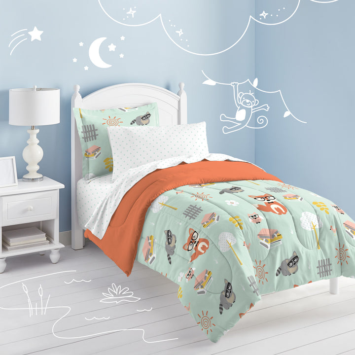 Kids Unisex Mint Orange Woodland Comforter Twin Set Green Safari Themed Bedding Adorable Forest Animals Bed Bag Foxes Raccoons Owls Wearing Glasses