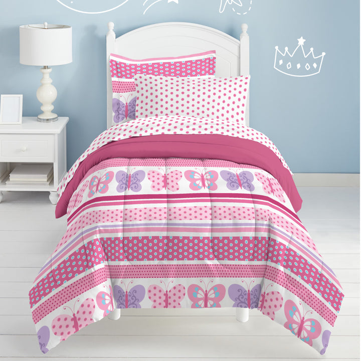 Girls Butterfly Themed Comforter Set Sheets Cute Polka Dots Horizontal Striped Butterflies Polka Dots Kids