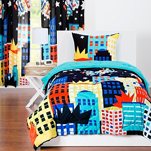 LO 2 Piece Black Kids City Scape Geometric Comforter Twin