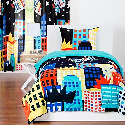 LO 2 Piece Black Kids City Scape Geometric Comforter Twin Set Bold Colorful Building Be Super Bedding Abstract Sky Line Crown Theme Pattern Blue