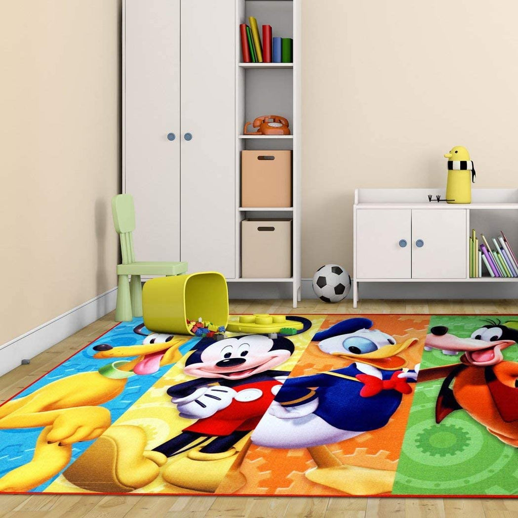 Ln 4'6 x 6'6 Kids Blue Red Mickey Mouse Theme Area Rug Rectangle Indoor Orange Yellow Disney Themed Kid Bedroom Carpet Pluto Goofy Donald Duck Pattern