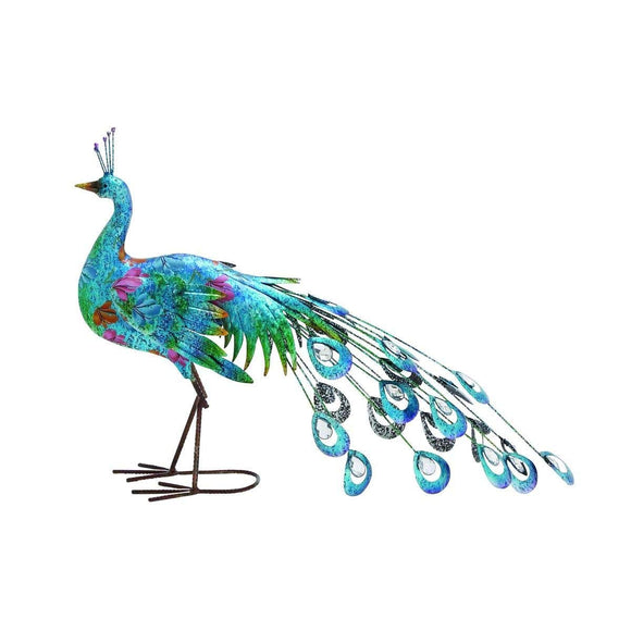20 Inch Iron Peacock Statue Stunning Animal Themed Indoor Outdoor Home Decor Blue Green Purple Metal 20in