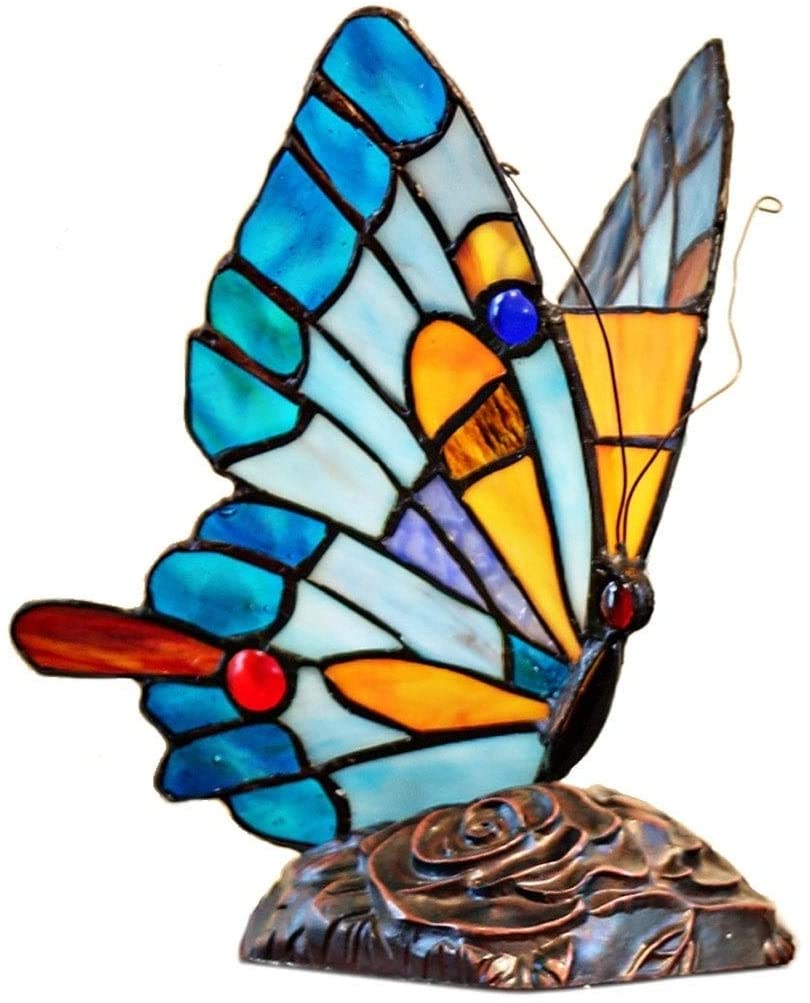 Stained Glass 9 5 inch Tiffany Flying Butterfly Accent Lamp Blue White Yellow Bronze