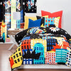 LO 2 Piece Black Kids City Scape Geometric Comforter Twin Set Bold Colorful Building Be Super Bedding Abstract Sky Line Crown Theme Pattern Blue