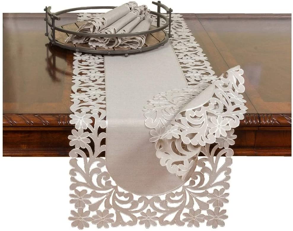 Floral Cutwork Trimed Edge Placemats 14 by 20 Inch Set 4 Taupe Tan Rectangle Polyester - Diamond Home USA