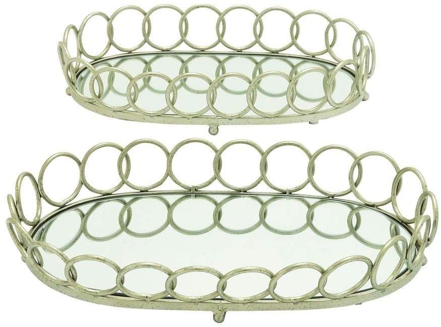 Metal Glass Serving Tray (Set ) Silver Solid Traditional