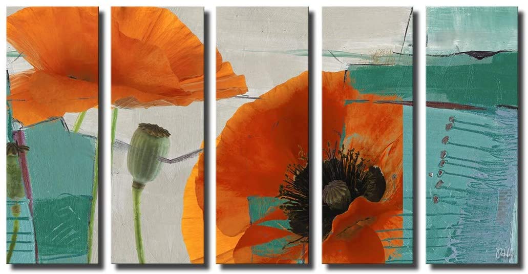 Painted Petals Xxxiii' 5 Piece Canvas Wall Art Set Blue Orange White Modern Contemporary Specialty Wood Handmade Includes Hardware Made USA