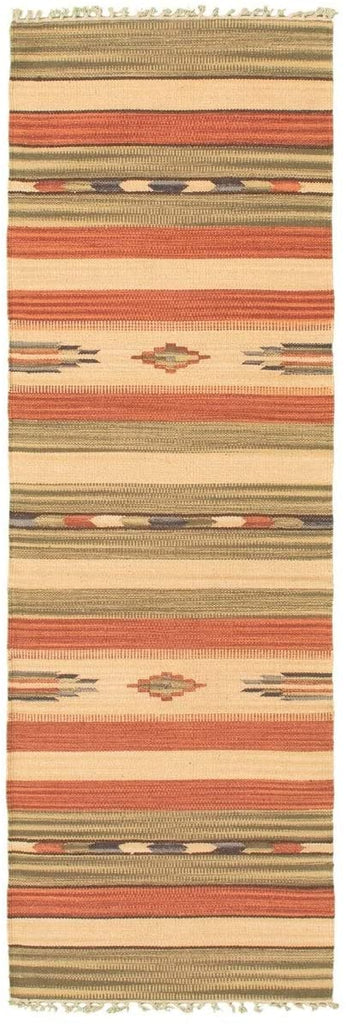 Unknown1 Flat Weave Bold Colorful Copper Ivory Wool 2'0 X 6'8 Red Stripe Patterned Southwestern Transitional Rectangle Cotton Latex Free Handmade Made