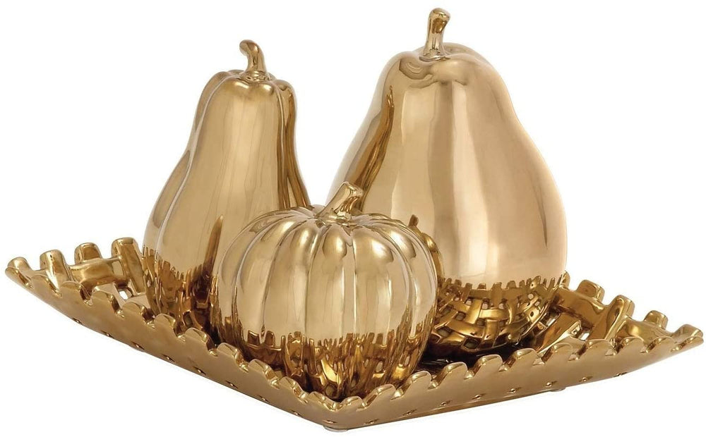 4 Piece Goldtone Ceramic Fruit Orbs Reflective Tray Gold Bronze Finish - Diamond Home USA