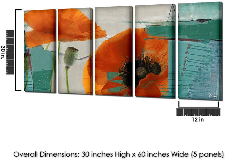 Painted Petals Xxxiii' 5 Piece Canvas Wall Art Set Blue Orange White Modern Contemporary Specialty Wood Handmade Includes Hardware Made USA