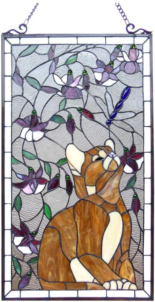 Tiffany Cat Dragonfly Design Window Panel Color Animals Glass Metal Includes Hardware