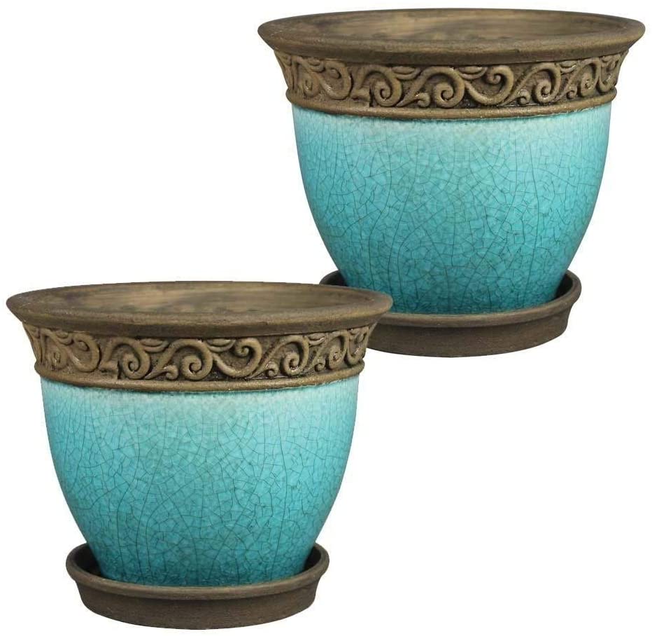 8" Planter Teal 2 pk Blue Traditional Round