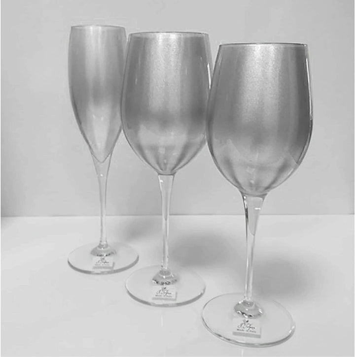 Glass Wine/Water Goblet Set/6 Silver W/Clear Stem 14 Oz Made Europe