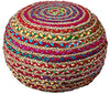 Boho Braided Chindi Jute Pouf Ottoman (14" X 20") Color Natural Striped Casual Modern Contemporary Pattern Oval Cotton Textured Handmade