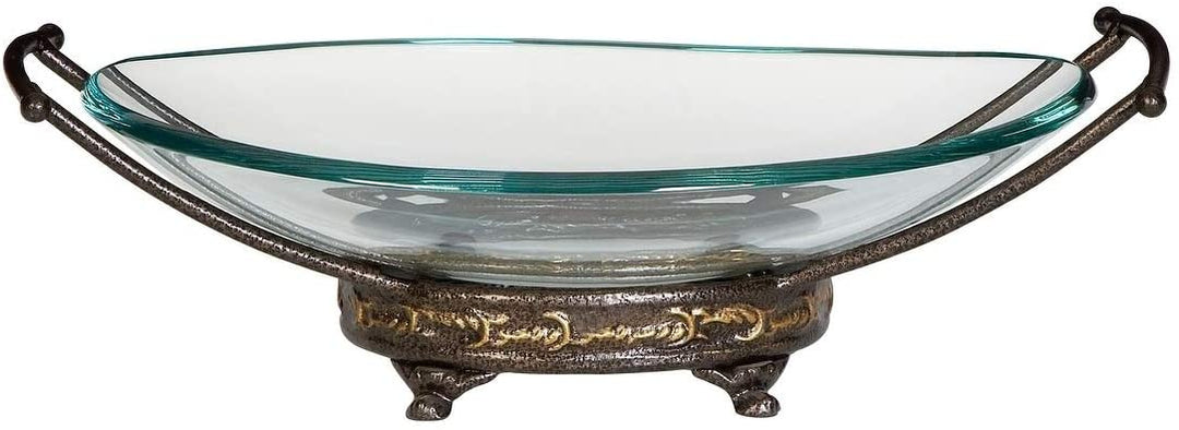 Traditional 5 X 17 Inch Iron Glass Bowl Server by Gold Textured Oval Metal 1 Piece