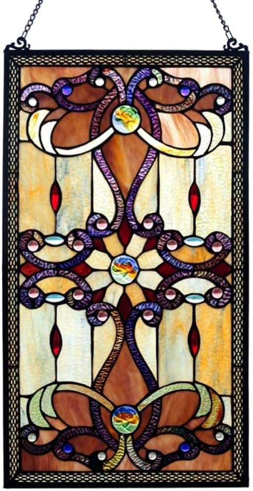 Amber Stained Glass 26 inch Window Panel M Green Metal