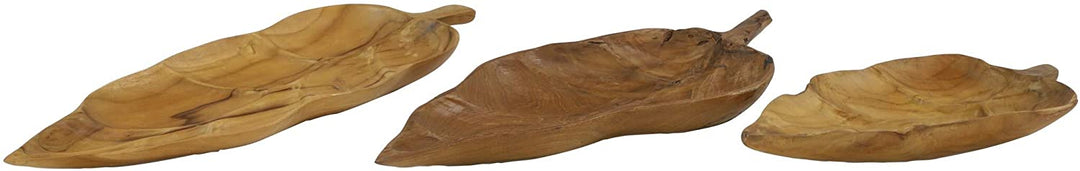 Large Rustic Leaf Shaped Natural Teak Wood Serving Trays Set