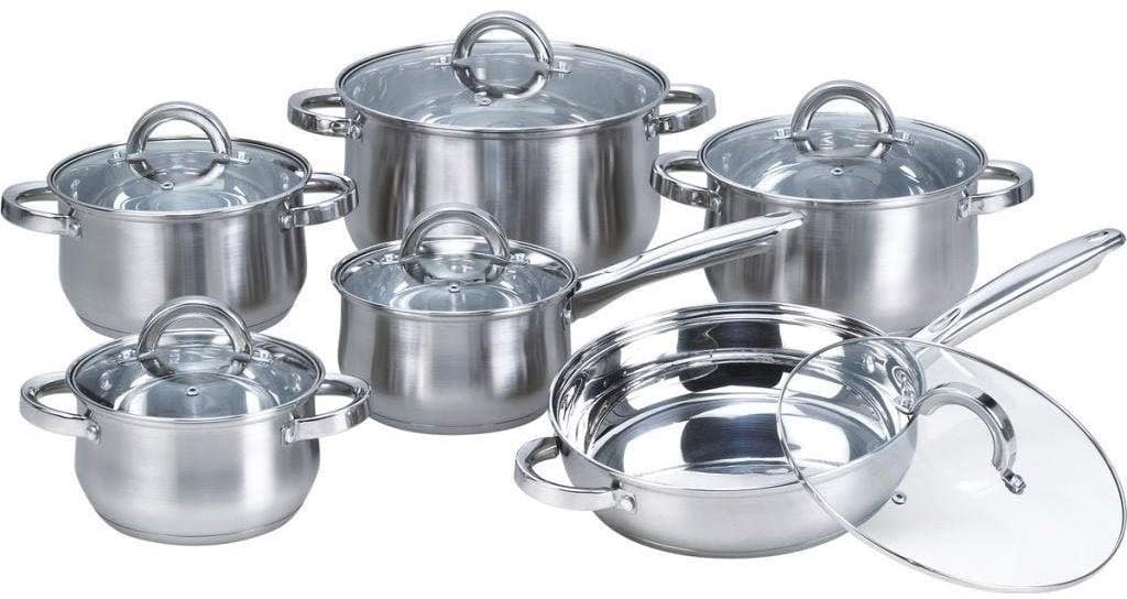 Silver 12 ece Stainless Steel Cookware Set Glass Lid 12