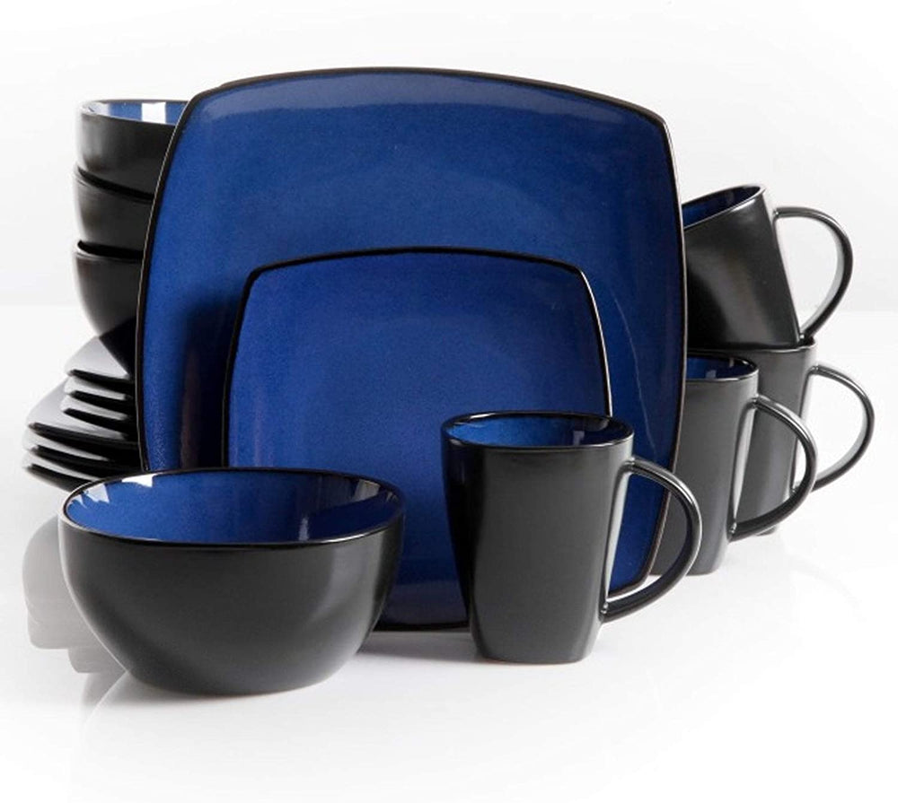 Modern 16 Piece Squared Dinnerware Set Blue Solid Casual Square Stoneware Microwave Safe - Diamond Home USA