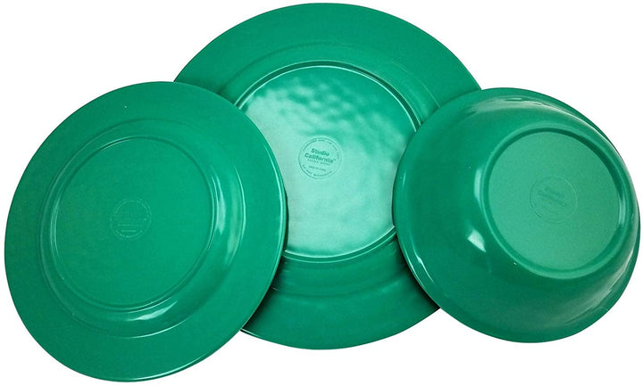 California 12 Piece Dinnerware Set Green Decal Blue Solid Casual Round - Diamond Home USA