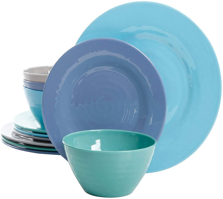 12 Piece Dinnerware Set Cool Colors Color Solid Casual Round