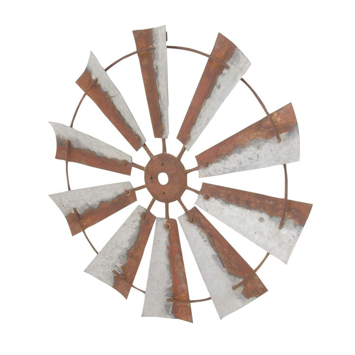 Windmill Wall Decor Distressed Blades Grey Brown Tones Full Wind Mill Sculpture Antique Rust Finish Rustic Farmhouse Chic Country Living Bedroom