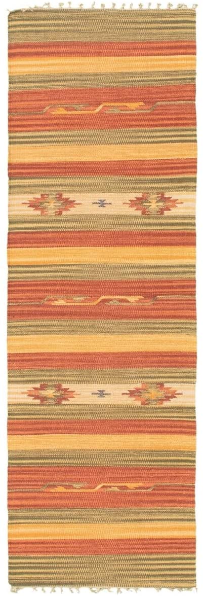 Unknown1 Flat Weave Bold Colorful Red Orange Wool 2'0 X 6'8 Stripe Patterned Southwestern Transitional Rectangle Cotton Latex Free Handmade Made Order