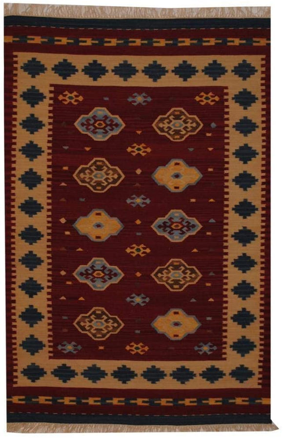 MISC Handmade Turkish Wool (India) 4' X 6' Red Geometric Oriental Traditional Rectangle Natural Fiber Latex Free