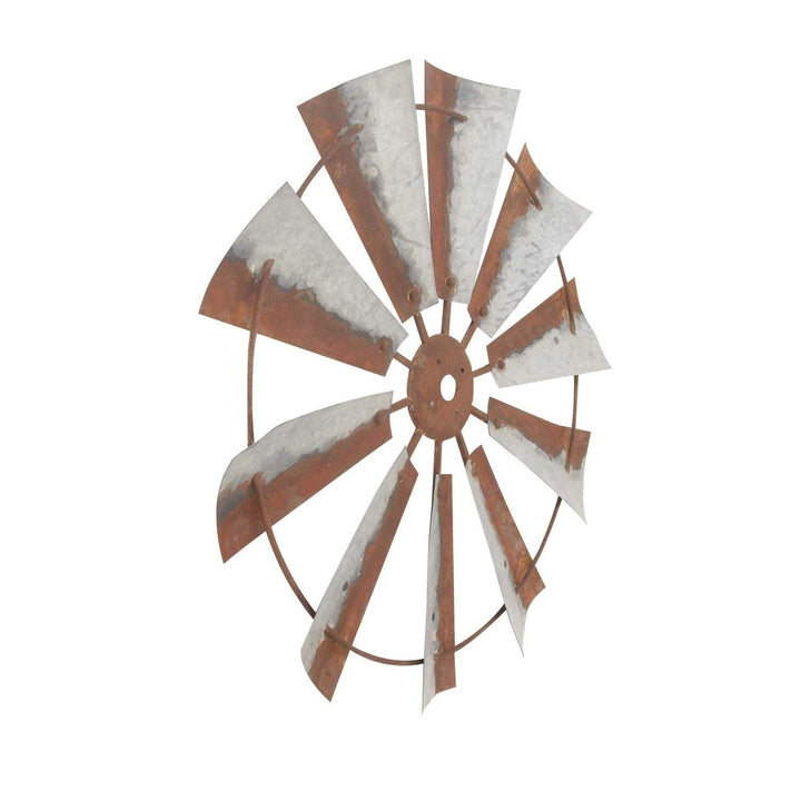 Windmill Wall Decor Distressed Blades Grey Brown Tones Full Wind Mill Sculpture Antique Rust Finish Rustic Farmhouse Chic Country Living Bedroom