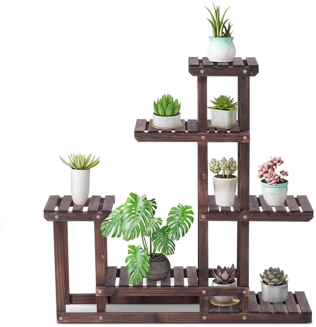 6 Layer Flower Plant Stand Racks Display Shelves Balcony Garden Tan Modern Contemporary Wood