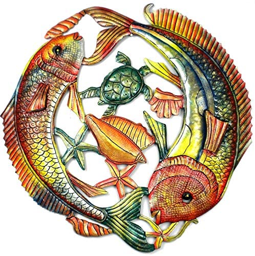 Handmade 24 inch Painted Two Leaping Fish Metal Wall Art (Haiti) Red Nautical Coastal Steel - Diamond Home USA