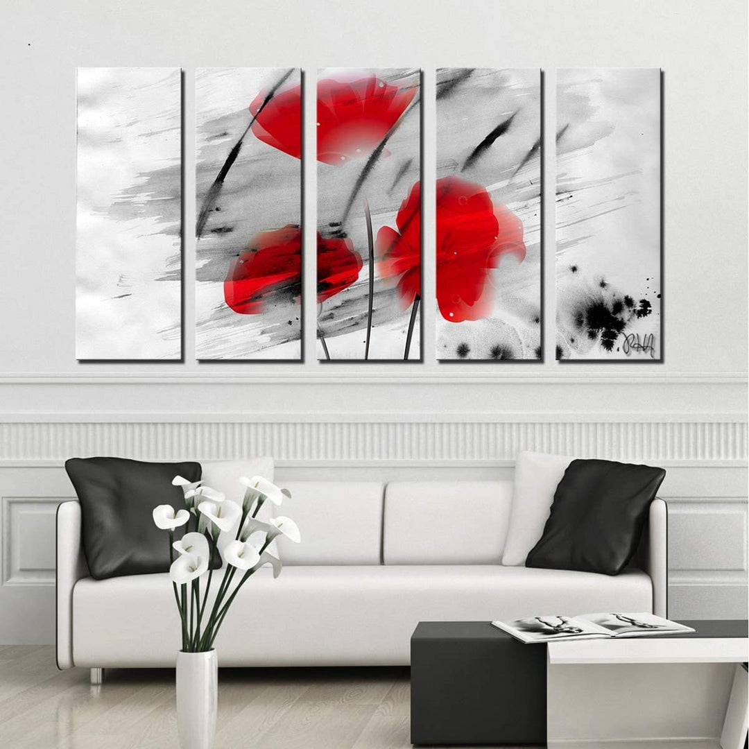 5 pc Canvas Wall Art Set Black Red White Modern Contemporary