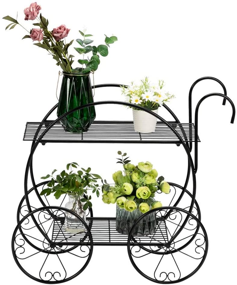 Paint Handle Cart Shape 2 Layer Plant Stand Shelving Black Iron - Diamond Home USA