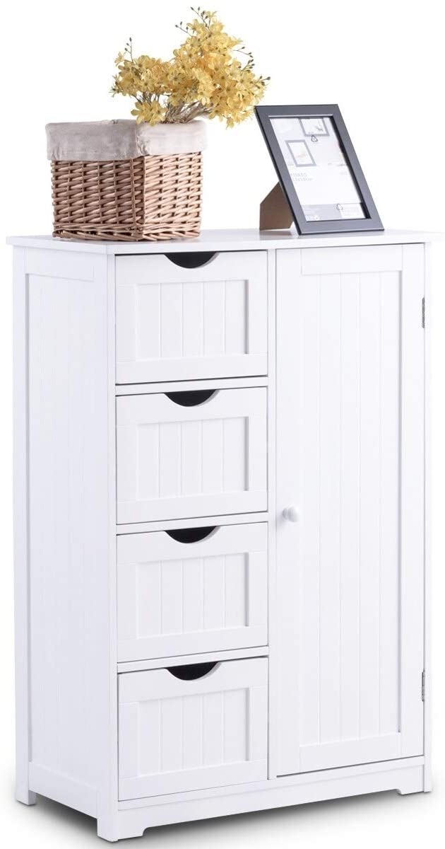 4 Drawer White Wooden Bathroom Cabinet Free Standing Cupboard Modern Contemporary MDF Lacquer Adjustable Shelving