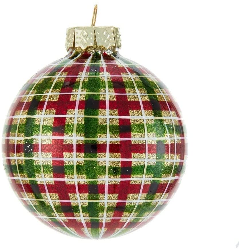 80mm Red Green Plaid Glass Ball Ornaments 6 Piece