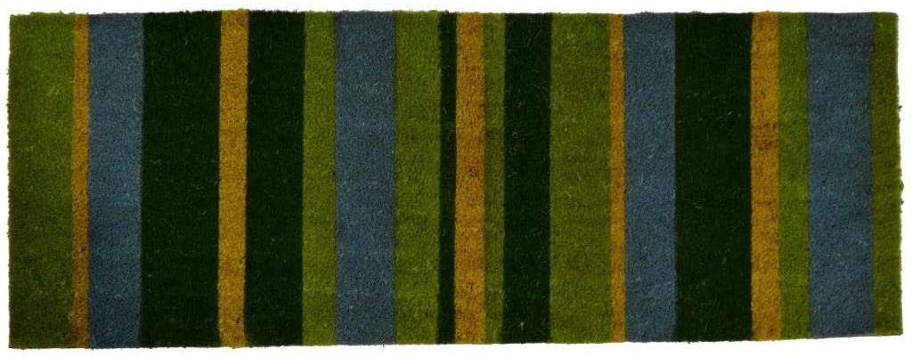 Outdoor Coconut Fiber Green Stripes Door Mat (4' X 1'6) Blue